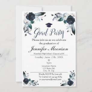 Watercolor Navy Blue Floral Graduation Invite