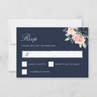 watercolor navy blue floral silver RSVP card