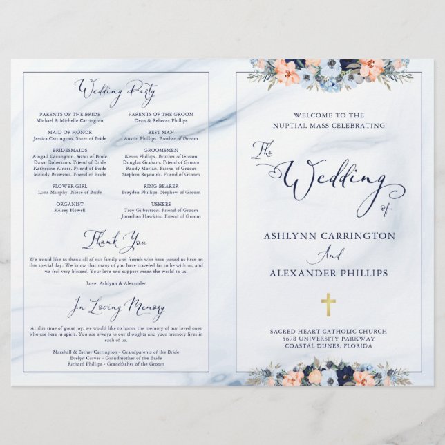 Watercolor Navy Blue Floral Wedding Mass Program (Front)