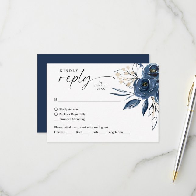 Watercolor Navy Blue Floral Wedding Response RSVP  (Front/Back In Situ)