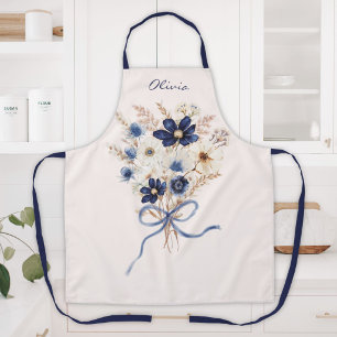 Watercolor Navy Blue Flower Bouquet Personalised Apron