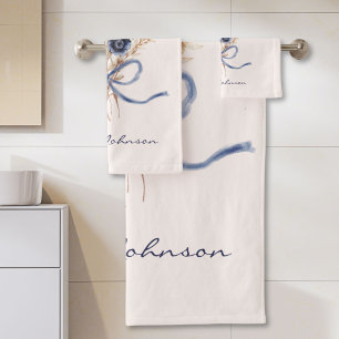 Watercolor Navy Blue Flower Bouquet Personalised Bath Towel Set