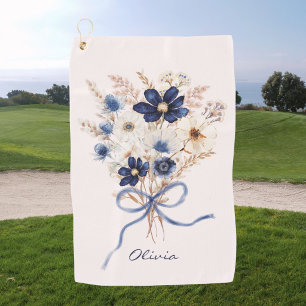 Watercolor Navy Blue Flower Bouquet Personalised Golf Towel