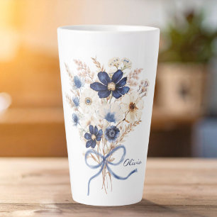 Watercolor Navy Blue Flower Bouquet Personalised Latte Mug