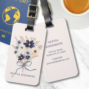 Watercolor Navy Blue Flower Bouquet Personalised Luggage Tag