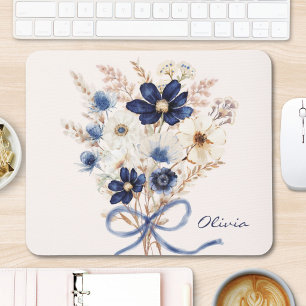 Watercolor Navy Blue Flower Bouquet Personalised Mouse Pad