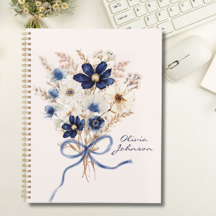 Watercolor Navy Blue Flower Bouquet Personalised Notebook