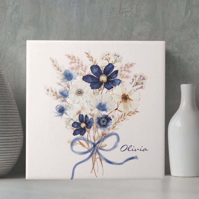 Watercolor Navy Blue Flower Bouquet Personalised Tile (Creator Uploaded)