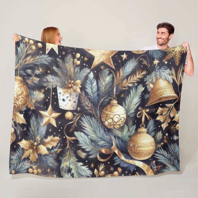 Watercolor Navy Blue Gold Christmas Motifs Holiday Fleece Blanket (In Situ)