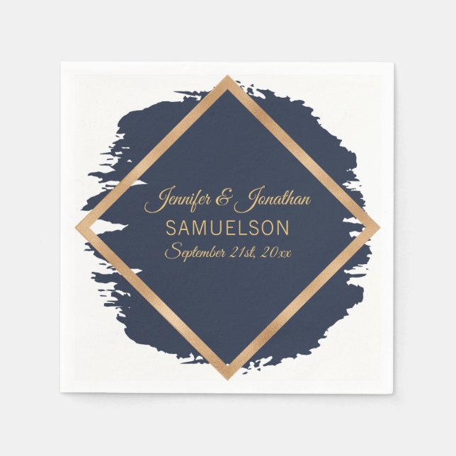 Watercolor Navy Blue Gold Frame Wedding Napkin (Front)