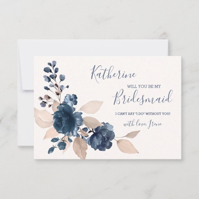 Watercolor navy blue & gold roses Be my Bridesmaid Invitation (Front)