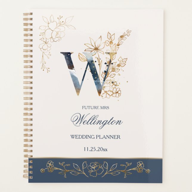 Watercolor navy blue & gold roses  Wedding Planner (Front)