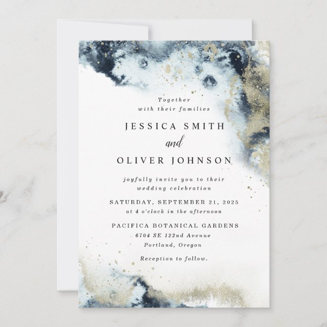 Watercolor Navy Blue & Gold Wedding Invitation (Front)