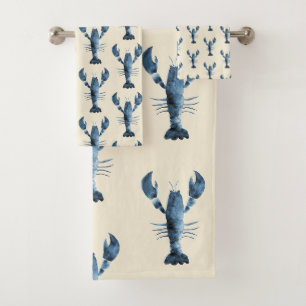 Watercolor Navy Blue Lobster on Beige Cream Bath Towel Set