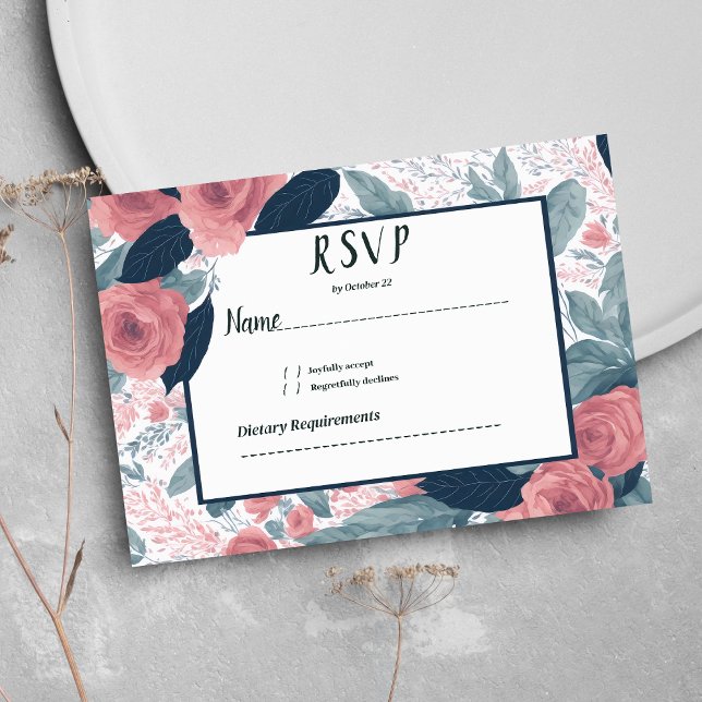 Watercolor navy blue mauve pink floral RSVP Invitation (Watercolor navy blue mauve pink floral RSVP )