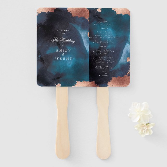 Watercolor Navy Blue Moody Rose Gold Wedding Hand Fan (Front and Back)