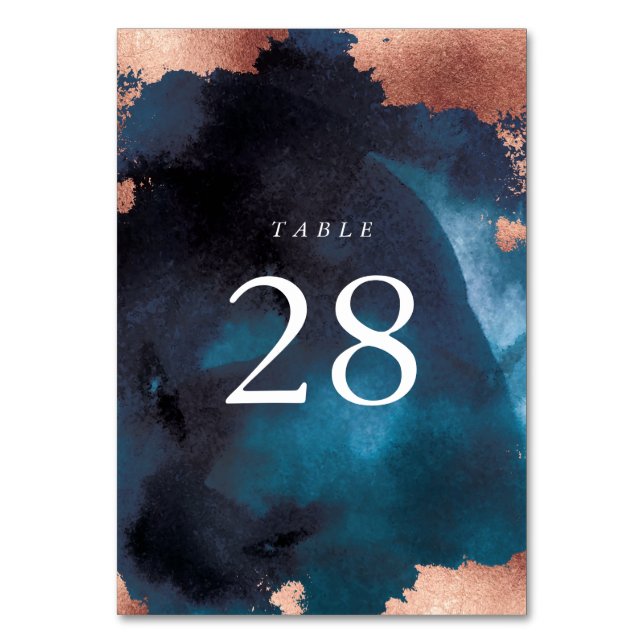 Watercolor Navy Blue Moody Rose Gold Wedding Table Number (Front)