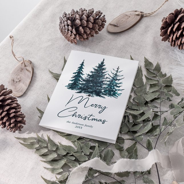 Watercolor Navy Blue Pine Trees Merry Christmas Holiday Card (Creator Uploaded)
