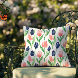 Watercolor Navy Blue Pink Blush Tulips Floral Cushion