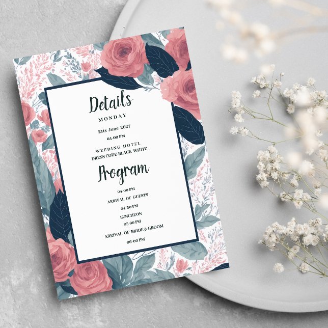 Watercolor navy blue pink floral Details Program Invitation (Watercolor navy blue pink floral Details Program)