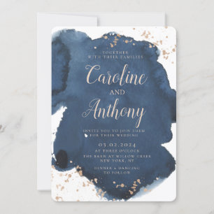 Watercolor Navy Blue Starry Rose gold Wedding  Invitation