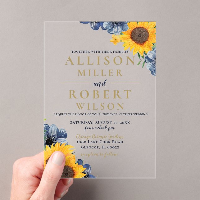 Watercolor Navy Blue Sunflower Rustic Wedding Acrylic Invitations (Insitu (Handheld))