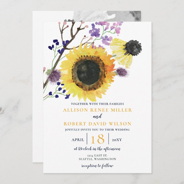 Watercolor Navy Blue Sunflower Rustic Wedding Invitation (Front/Back)