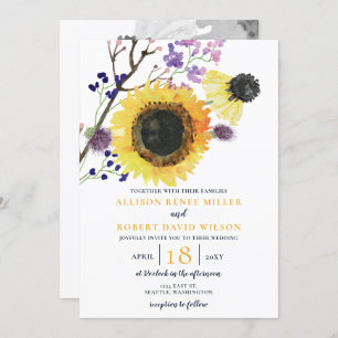 Watercolor Navy Blue Sunflower Rustic Wedding Invitation