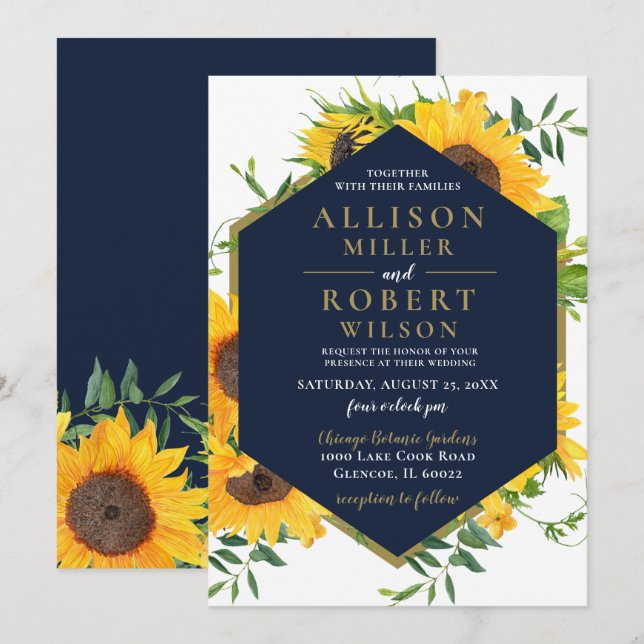Watercolor Navy Blue Sunflower Rustic Wedding Invitation (Front/Back)