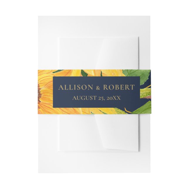 Watercolor Navy Blue Sunflower Rustic Wedding Invitation Belly Band (Front Example)