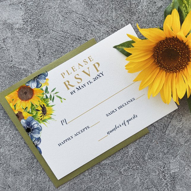 Watercolor Navy Blue Sunflower Rustic Wedding RSVP Card (Creator Uploaded)