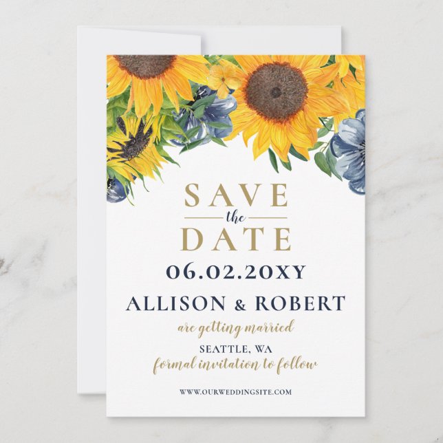 Watercolor Navy Blue Sunflower Rustic Wedding Save The Date (Front)