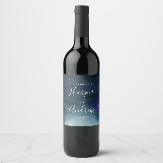 Watercolor Navy Blue Wedding Wine Label (Front)