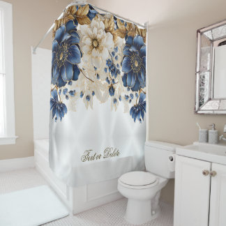 Watercolor Navy Blue White Golden Floral Silver Shower Curtain