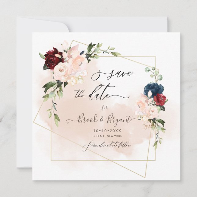 Watercolor Navy Blush Burgundy Roses Save the Date Invitation (Front)