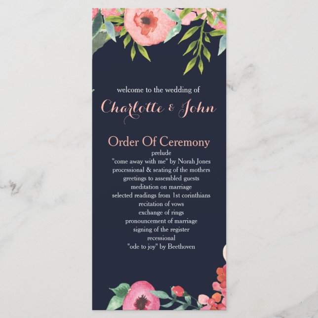 Watercolor Navy Blush Floral Elegant Wedding Programme (Front)