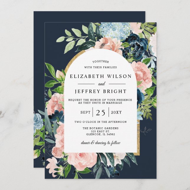 Watercolor Navy Blush Gold Floral Arched Wedding Invitation (Front/Back)
