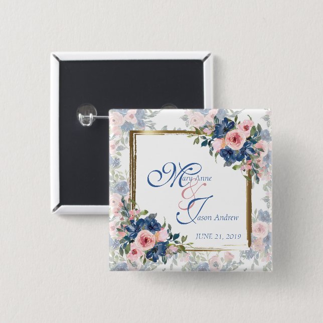 Watercolor Navy & Blush Wedding 15 Cm Square Badge (Front & Back)