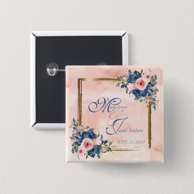 Watercolor Navy & Blush Wedding 15 Cm Square Badge (Front & Back)