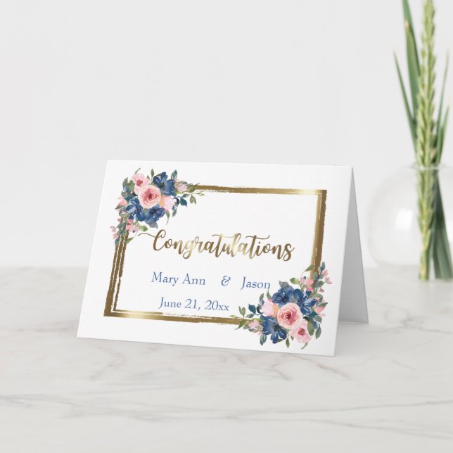 Watercolor Navy & Blush Wedding Card (Front)