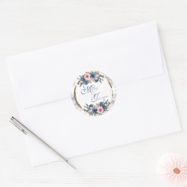 Watercolor Navy & Blush Wedding Classic Round Sticker (Envelope)