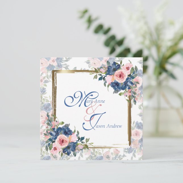 Watercolor Navy & Blush Wedding Invitation (Standing Front)