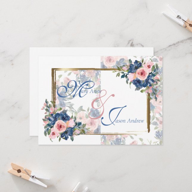 Watercolor Navy & Blush Wedding Invitation (Front/Back In Situ)