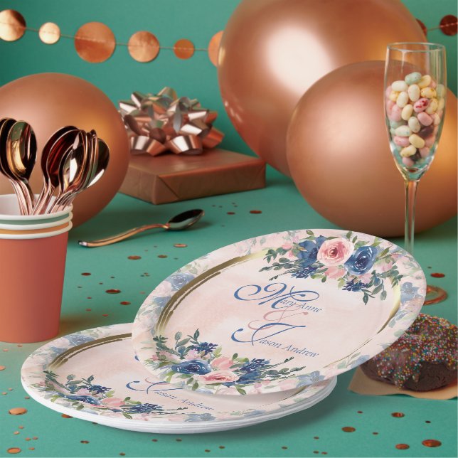 Watercolor Navy & Blush Wedding Paper Plate (Multi)