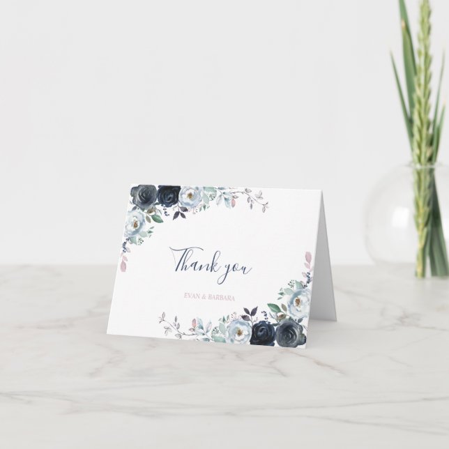 Watercolor Navy Boho Floral Thank you card (Front)