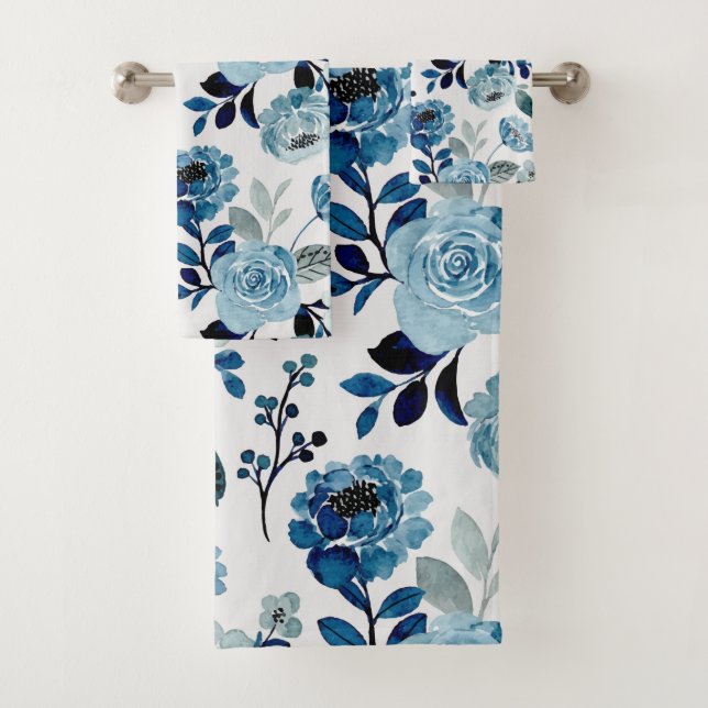 Watercolor Navy botanical Bath Towel Set (Insitu)