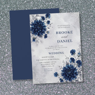 Watercolor Navy Dahlia Sweet Pea Silver Wedding Invitation