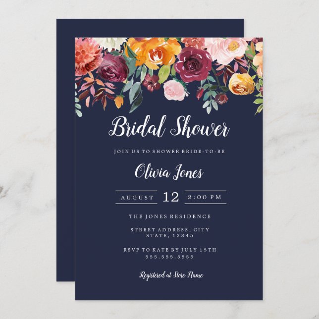 Watercolor Navy Floral Bridal Shower Card (Front/Back)