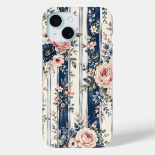 Watercolor Navy Floral Stripe Pattern Design iPhone 15 Case