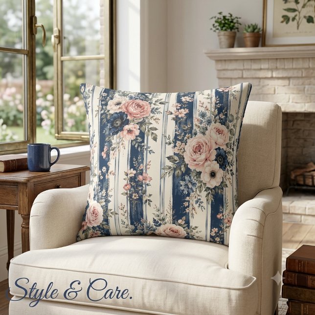 Watercolor Navy Floral Stripe Pattern Design Cushion (Watercolor Navy Floral Stripe Pattern Design Throw Pillow)